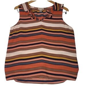 Loft Outlet Petite MP Sleeveless Ruffle Neck Striped Blouse Rust Navy Mustard